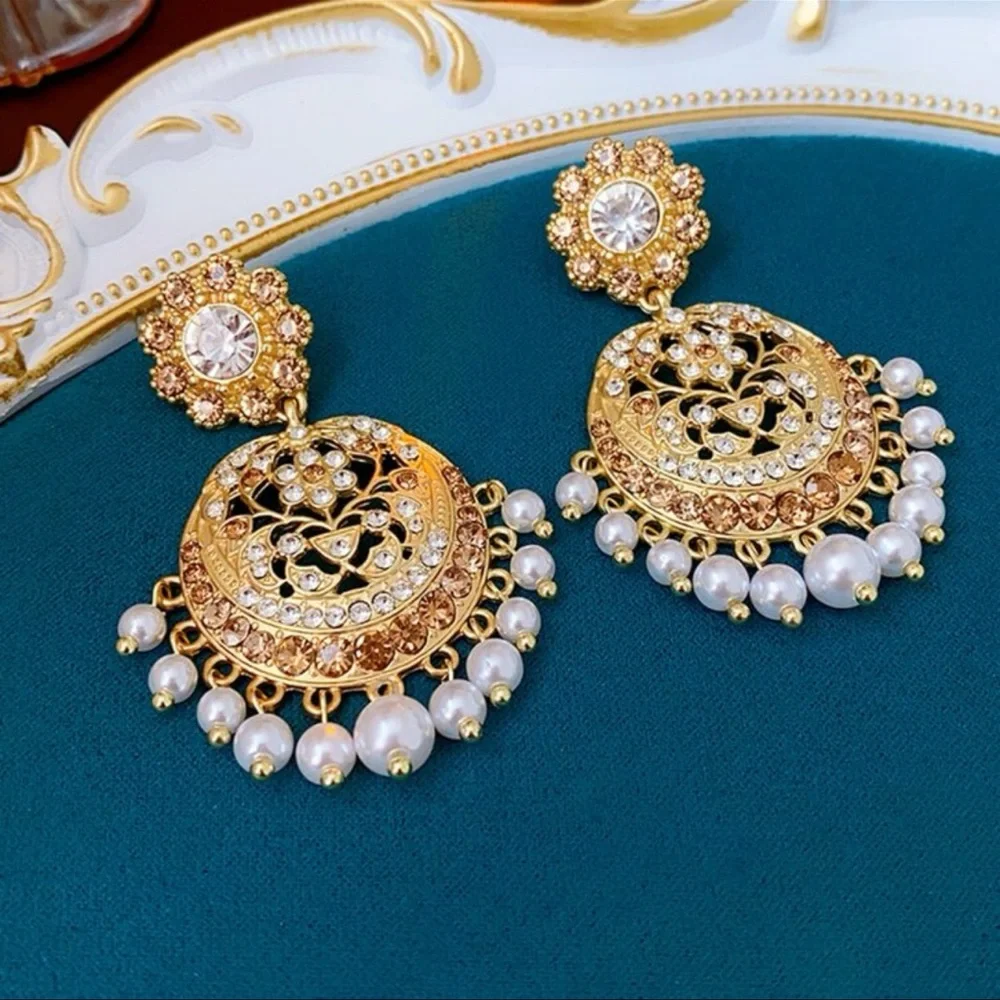 Vintage Palace Chandbali Earrings | Gold Tone Rhinestone & Faux Pearl Dangles